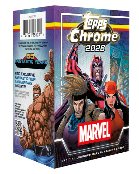 Topps Chrome 2026 Marvel trading card box packaging, featuring illustrated Marvel characters including Wolverine, Captain America, and Black Widow on the front, with a barcode and product text on the side.