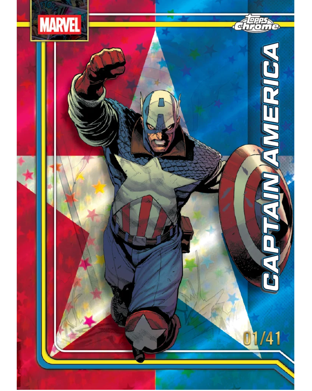 A Marvel Trading Card Game collectible card featuring Captain America in a dynamic action pose. The card has a red, white, and blue patriotic background with stars, bordered by a yellow and blue frame.