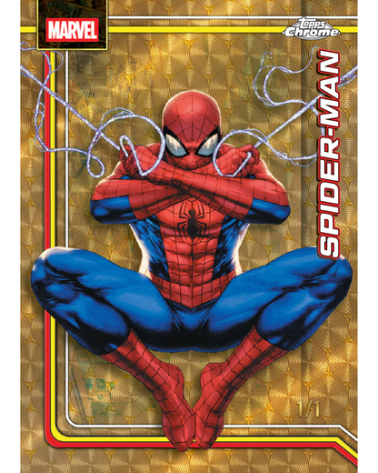 A collectible Spider-Man trading card featuring Spider-Man in a crouched pose on a gold patterned background, with Marvel and Topps Chrome branding visible.