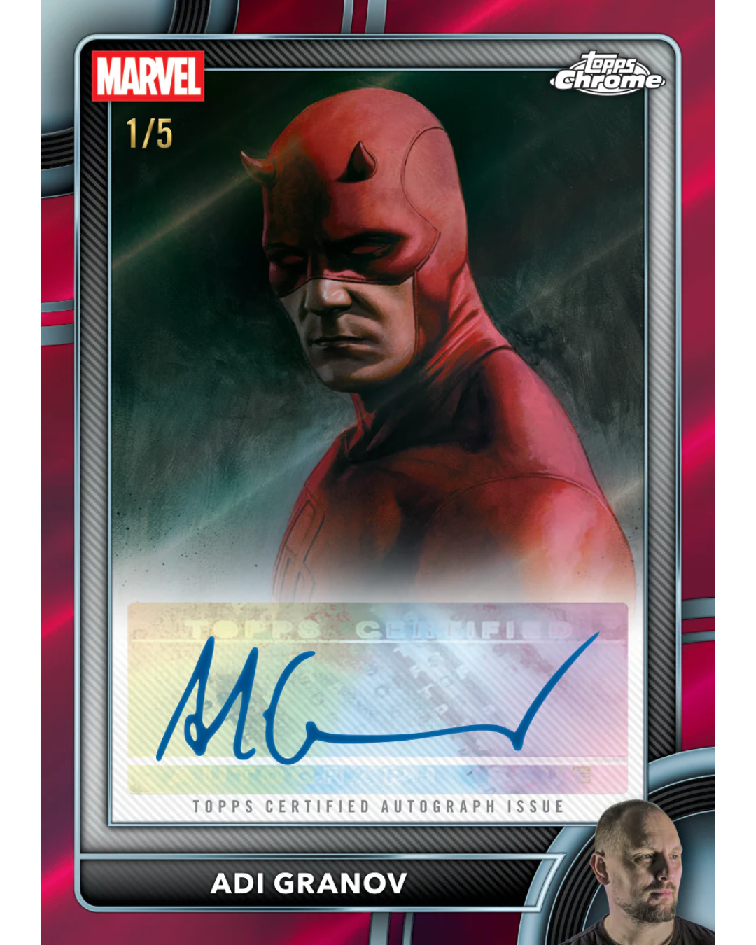 A Marvel Topps Chrome trading card featuring a 1/5 serial autograph issue of Daredevil, signed by Adi Granov, with a small portrait of Adi in the bottom right corner.
