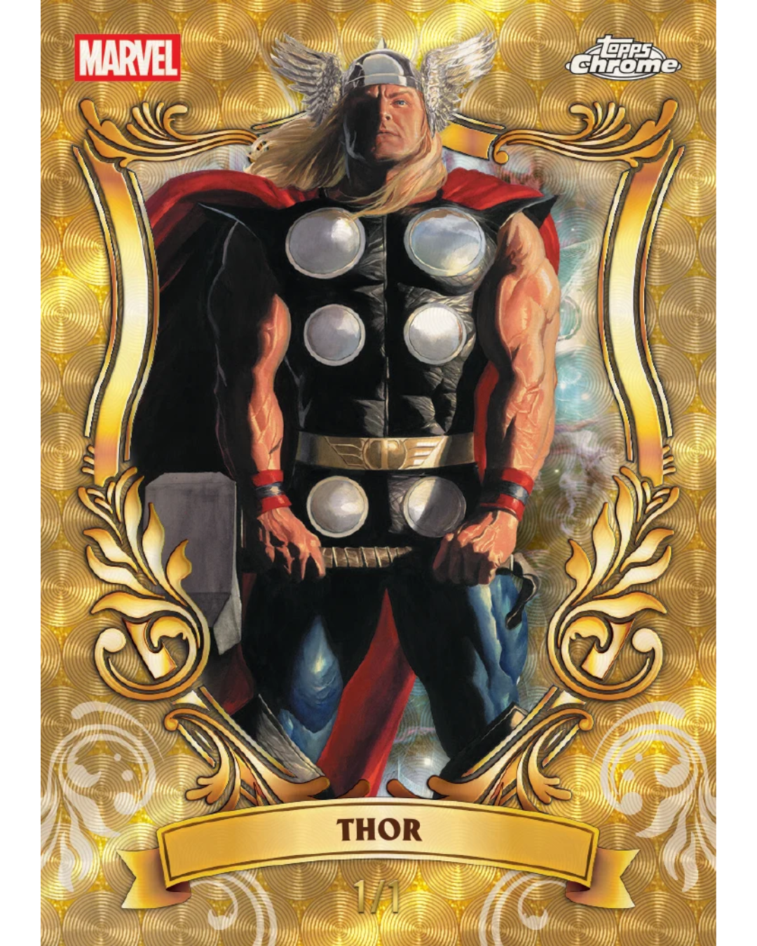 A collectible Thor trading card featuring Marvel branding and a gold Chrome finish, with an ornate gold frame and the name THOR on a banner at the bottom.