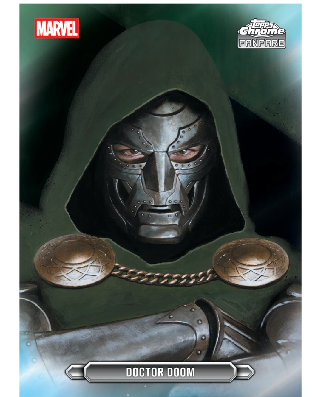 A collectible card featuring Doctor Doom from Marvel and The Amazing Chrome Fanfare, showing a close-up of the character in a dark green hood and metallic silver mask.