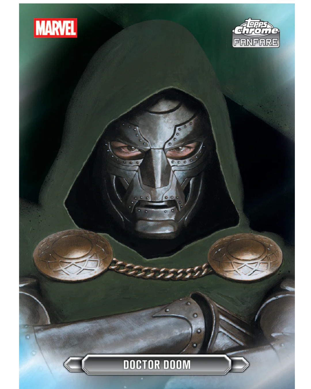 A collectible card featuring Doctor Doom from Marvel and The Amazing Chrome Fanfare, showing a close-up of the character in a dark green hood and metallic silver mask.