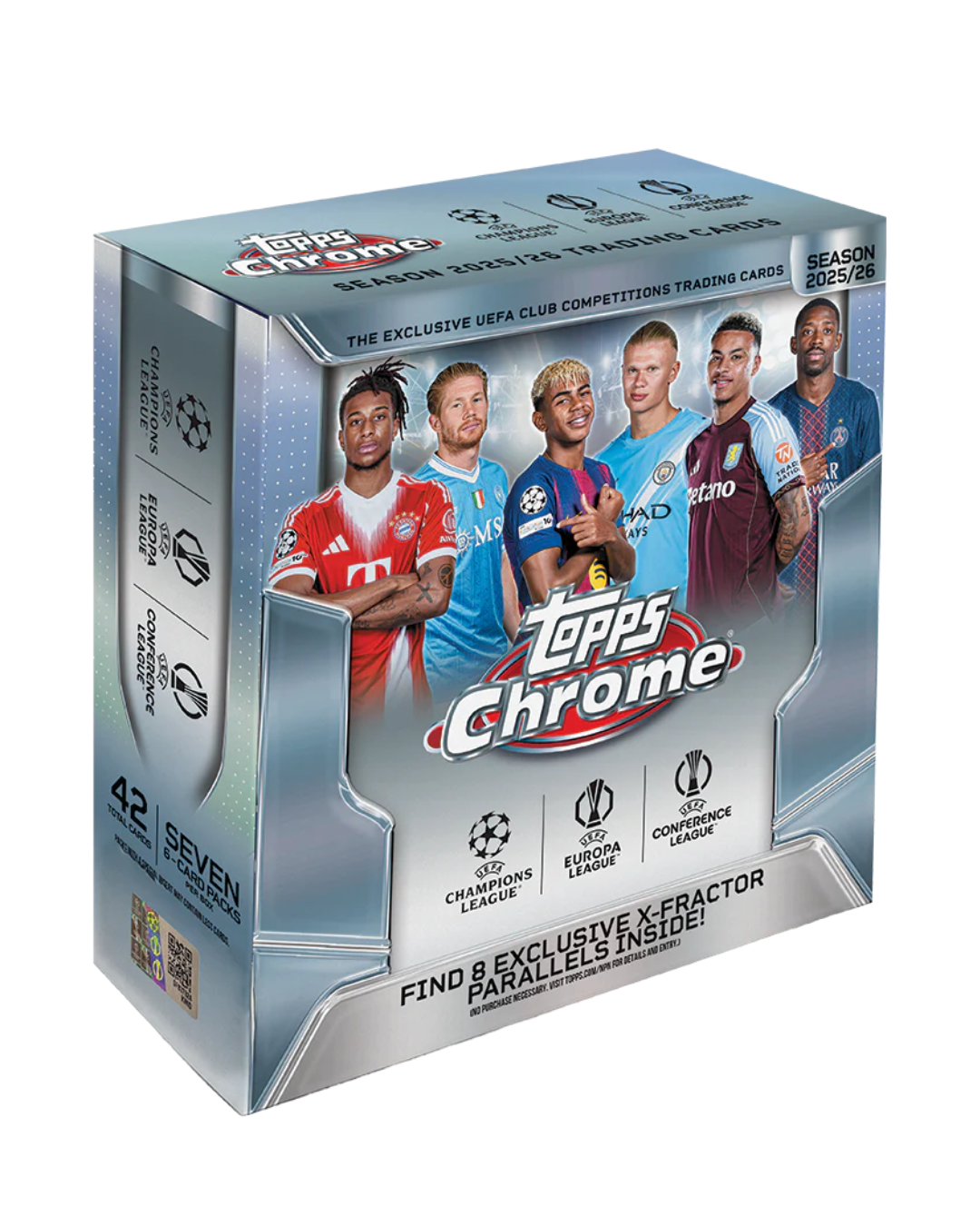 Topps Chrome 2025/26 Major UEFA Club Competition Trading Cards Season 4 box, featuring soccer player graphics and metallic silver packaging on a white background.
