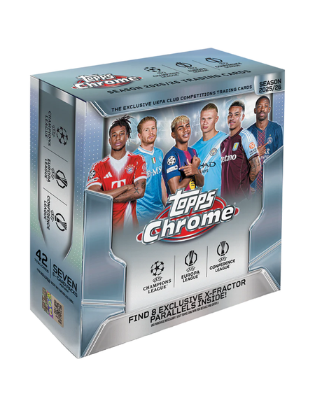 Topps Chrome 2025/26 Major UEFA Club Competition Trading Cards Season 4 box, featuring soccer player graphics and metallic silver packaging on a white background.
