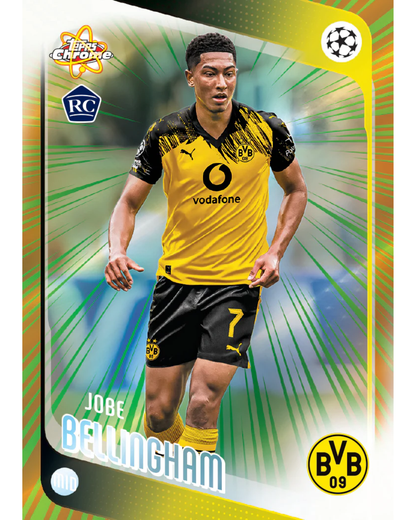 Topps Chrome RC trading card featuring Joobert Bellingham in a yellow and black Borussia Dortmund jersey, with a green and yellow dynamic background and club logos.