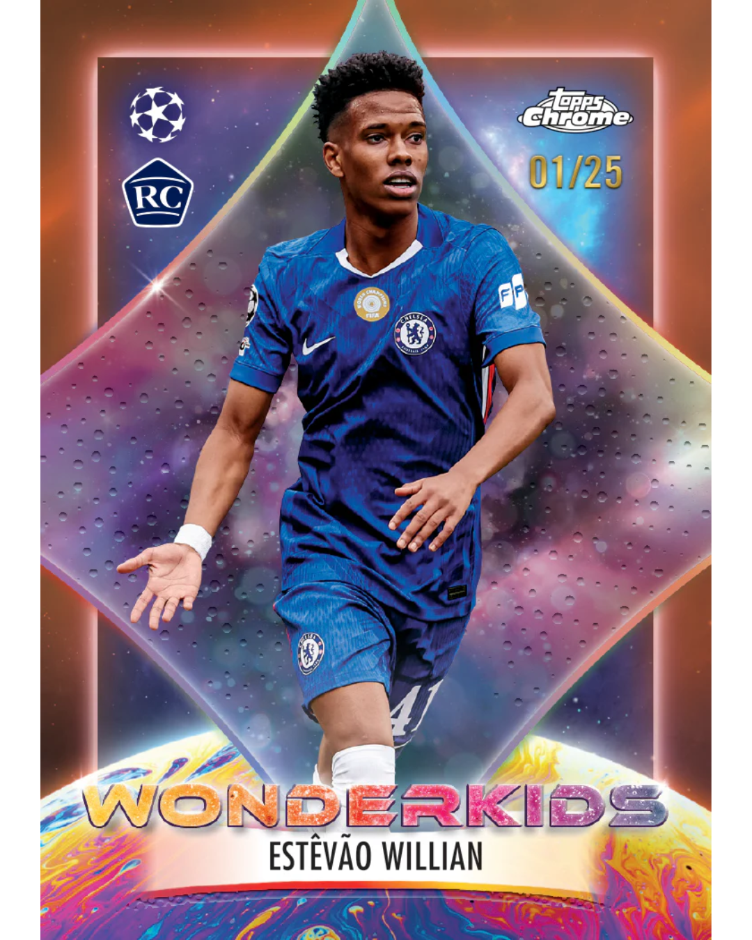 A Panini Jazzy Chrome RC Wonderkids trading card featuring footballer Estévão Willian in a blue Chelsea kit, with a cosmic purple and orange background and the text 'WONDERKIDS ESTÉVAO WILLIAN'.