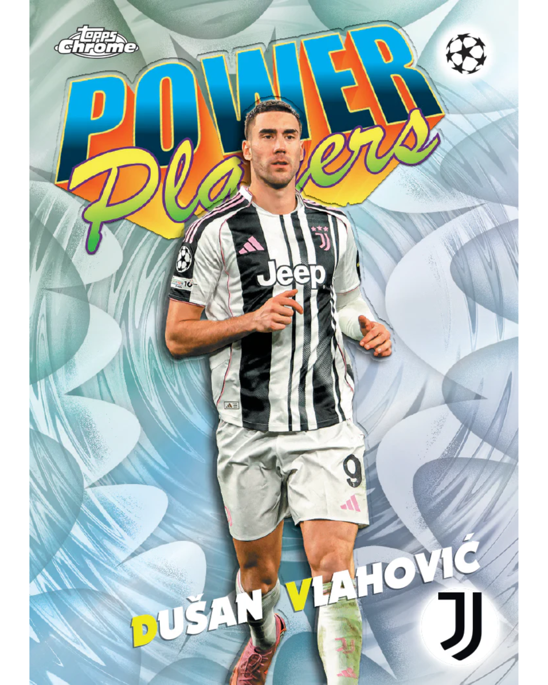 A collectible trading card featuring soccer player Dušan Vlahović in a Juventus home jersey, with a stylized blue and white background and large 'POWER Players' text at the top.