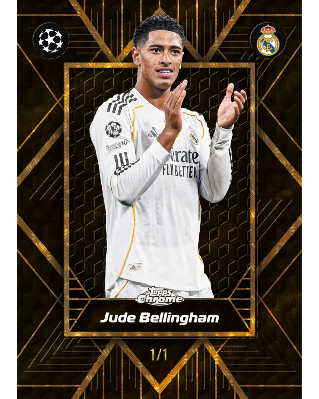 Topps Chrome Jude Bellingham Champions League trading card featuring a gold and black geometric design, with a photo of the player in a white Real Madrid jersey.