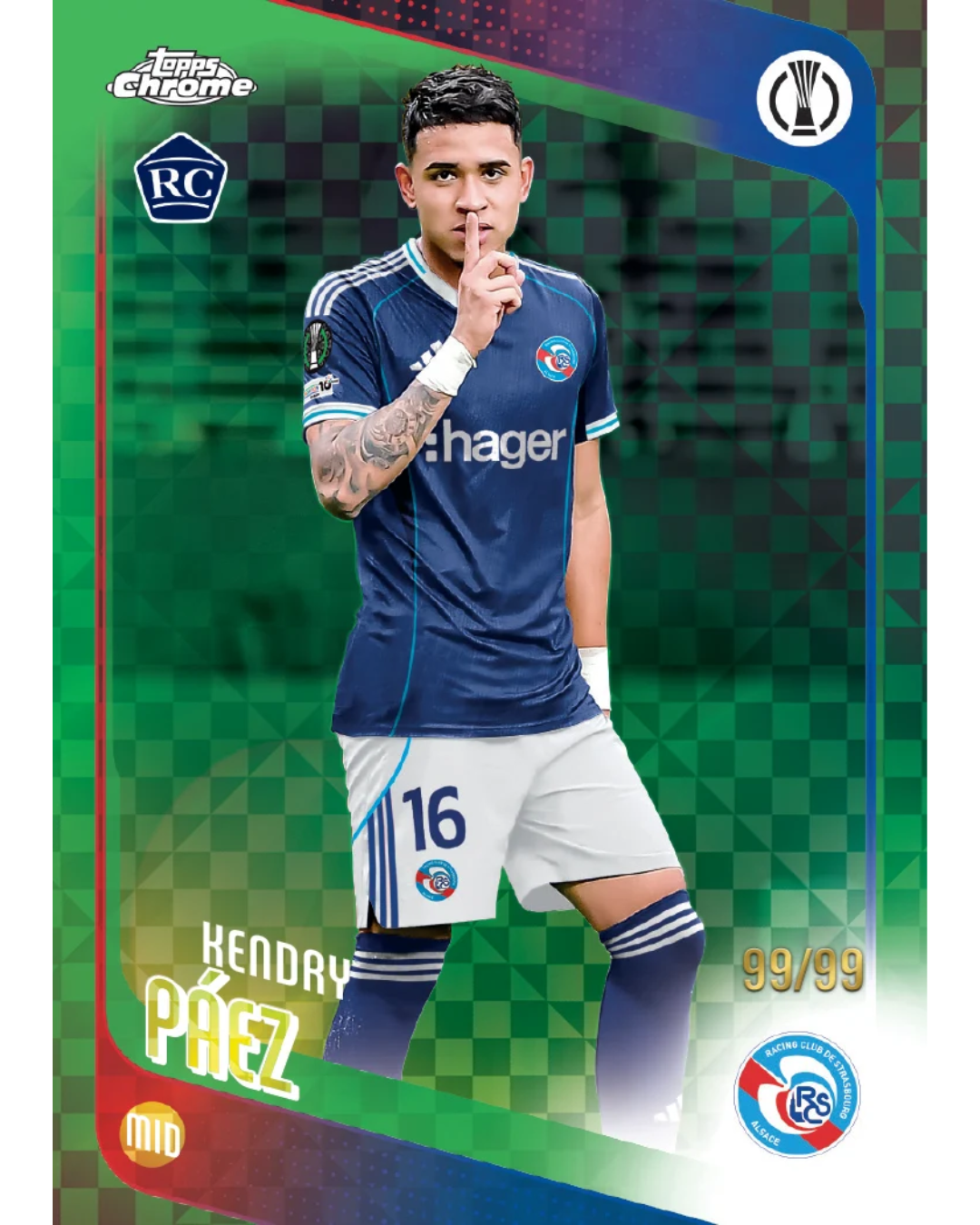 A collectible soccer trading card featuring Kendrick Páez in a blue and white FC Groningen jersey, with a green and blue patterned background and 'Terri Chrome' branding.