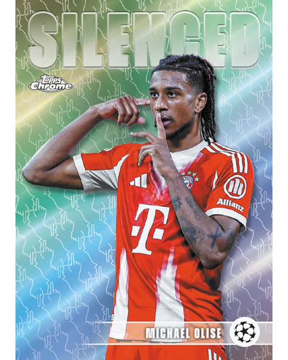A collectible soccer trading card featuring Michael Olise in a red and white Bayern Munich jersey, with the word 'SILENCED' at the top and a green-to-blue gradient background with light patterns.
