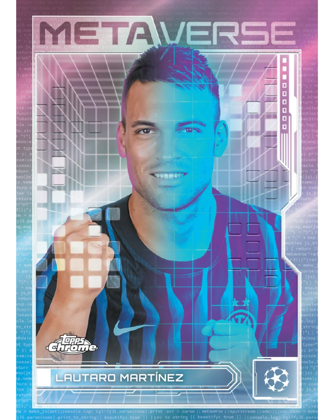 A collectible trading card featuring Lautaro Martínez in an Inter Miami CF jersey, with a futuristic blue and purple grid design and the text 'METAVERSE' at the top and 'LAUTARO MARTÍNEZ' at the bottom.
