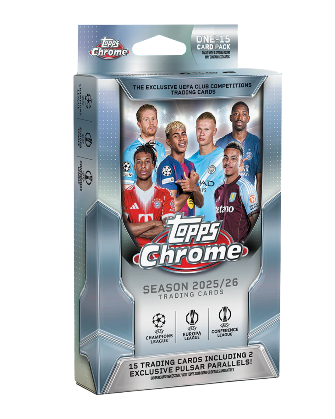 Topps Chrome Season 2025/26 Trading Cards 15-card booster box packaging, featuring a metallic silver and blue design with player photos of soccer stars on the front.