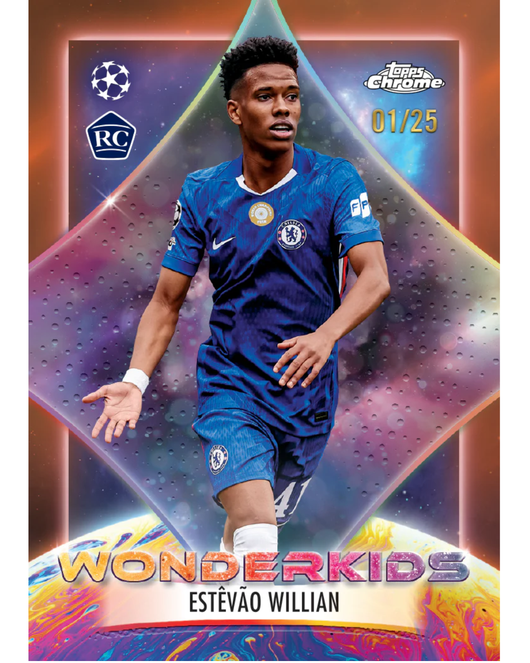 Topps Chrome Wonderkids trading card featuring Estévao Willian in a blue Chelsea football jersey, with a colorful cosmic and abstract background and card details including RC logo, Champions League emblem, and 01/25 print.