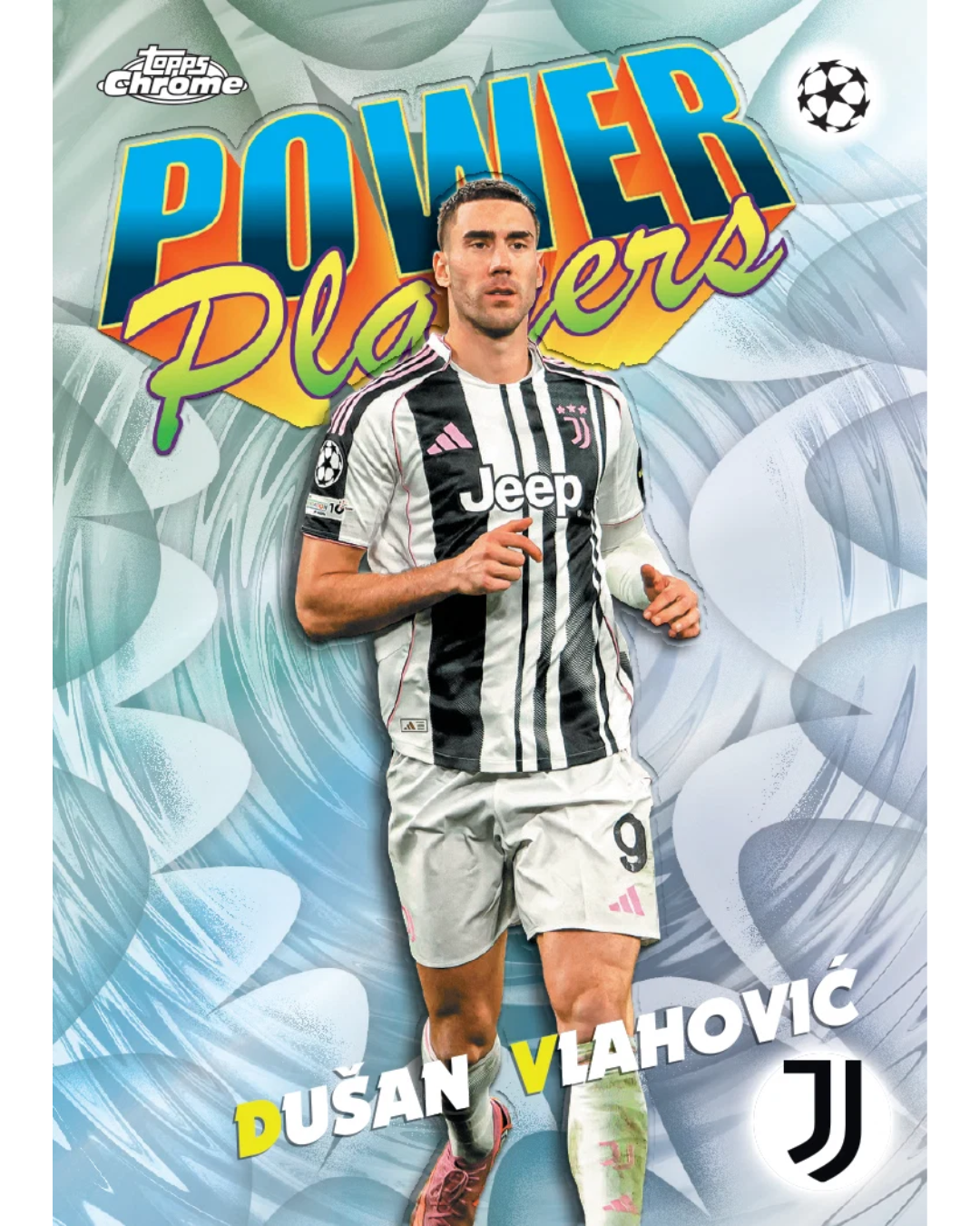 A collectible trading card featuring soccer player Dušan Vlahović in a Juventus home jersey, with a stylized blue and white background and large 'POWER Players' text at the top.