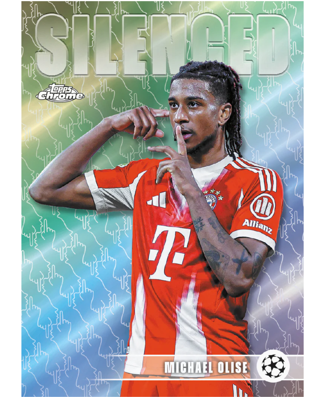 A trading card featuring soccer player Michael Olise in a red and white Bayern Munich jersey, with the word 'SILENCED' at the top and a 'Topps Chrome' logo on the left.