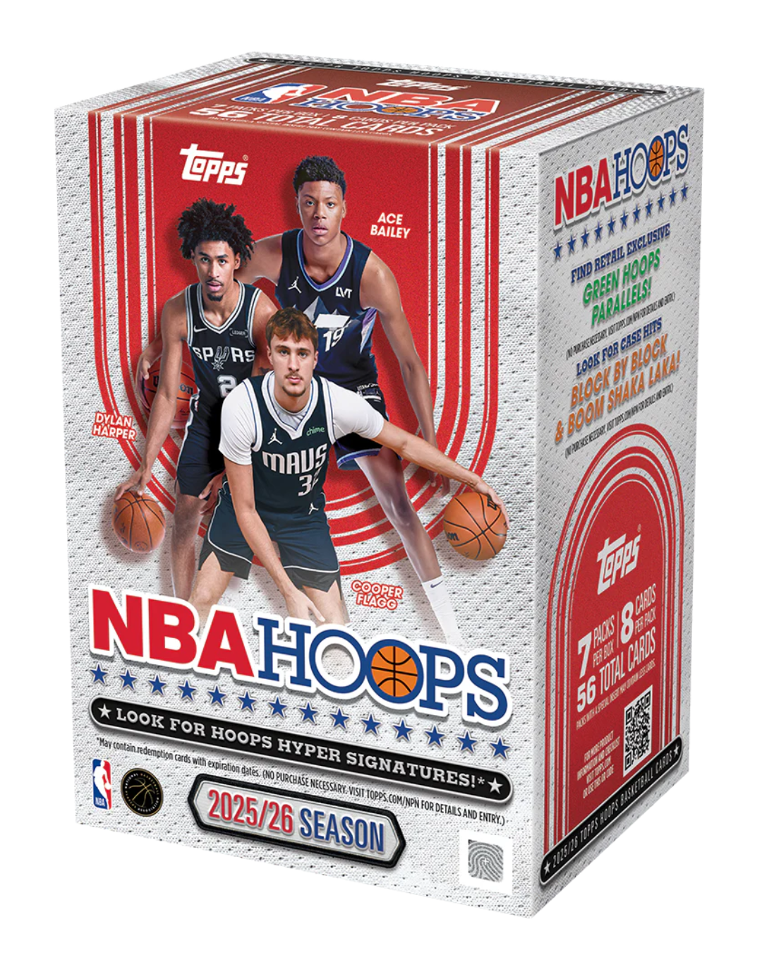 A box of 2025/26 season NBA Hoops trading cards by Topps, featuring basketball player graphics and red, white, and blue branding on a clean white background.