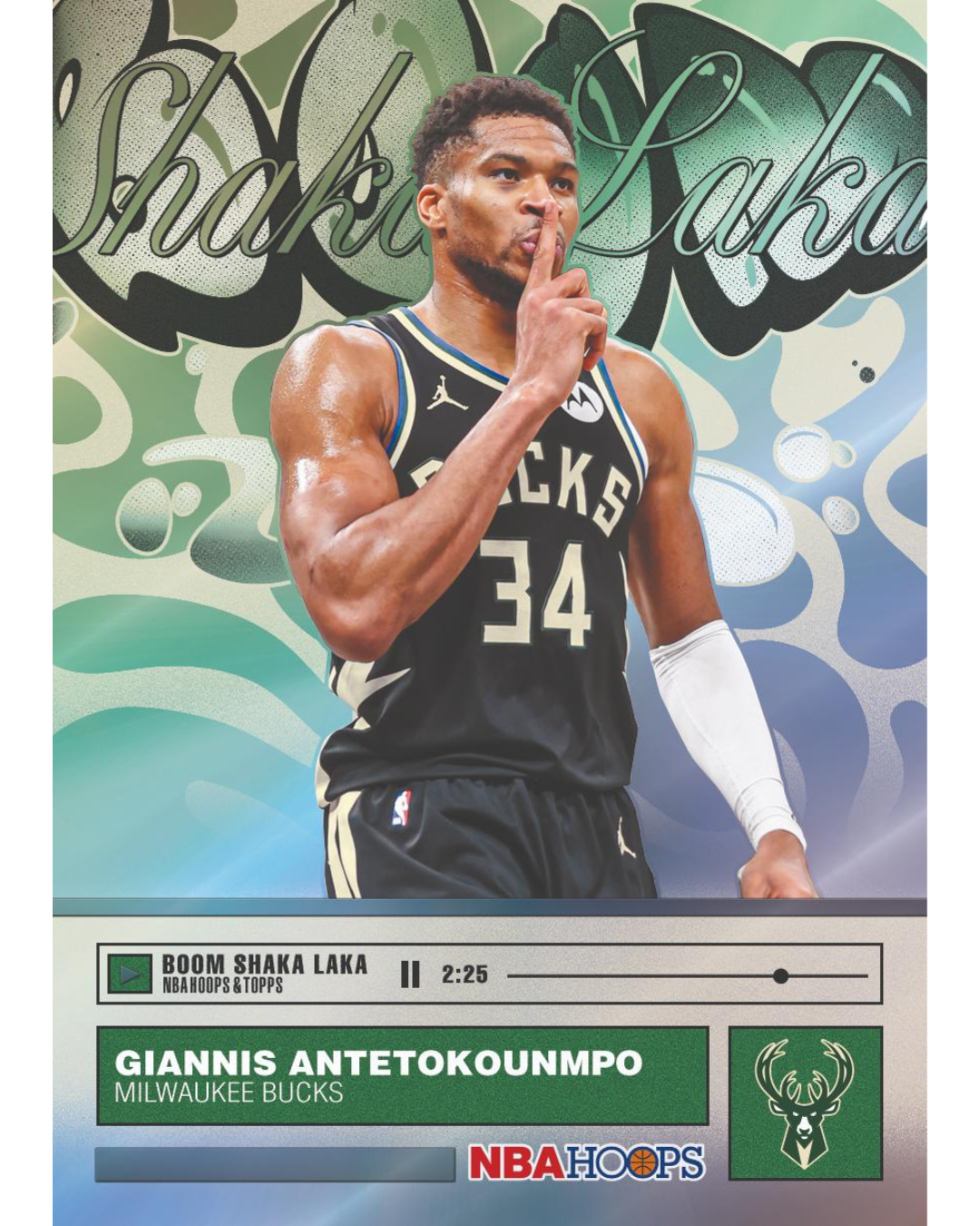 NBA Hoops trading card featuring Giannis Antetokounmpo in a Milwaukee Bucks jersey, with a stylized green and blue graphic background and player name banner at the bottom.