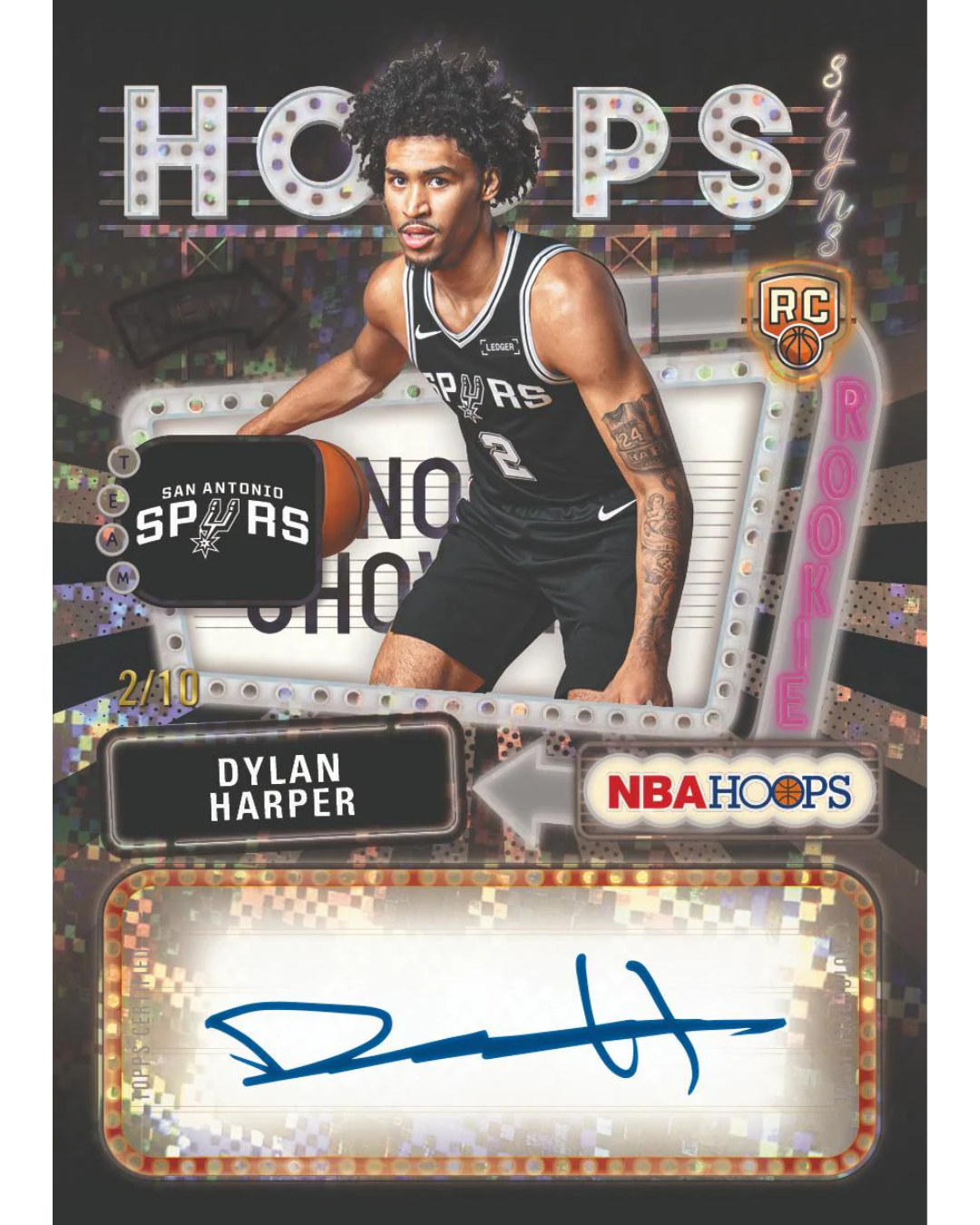 An autographed NBA Hoops trading card featuring Dylan Harper of the San Antonio Spurs, with his signature in blue ink at the bottom.