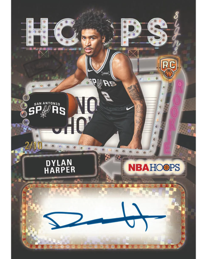An autographed NBA Hoops trading card featuring Dylan Harper of the San Antonio Spurs, with his signature in blue ink at the bottom.