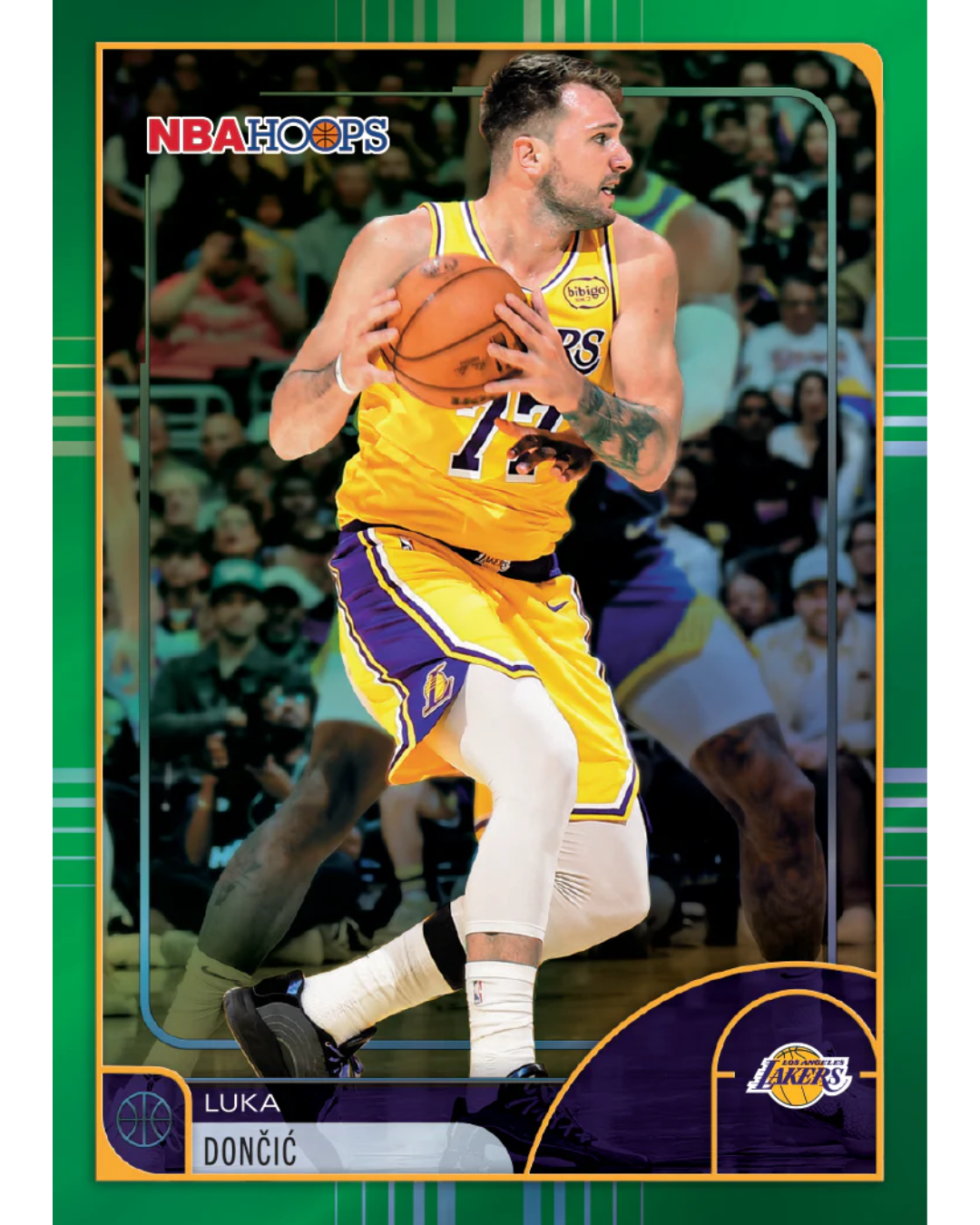 A Los Angeles Lakers basketball trading card featuring Luka Dončić in a yellow and purple uniform, holding a basketball, with the NBA Hoops logo at the top and player name at the bottom.