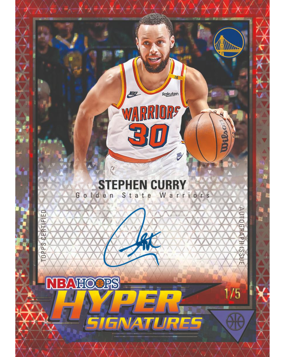 A Topps Certified Stephen Curry Golden State Warriors trading card, featuring a photo of Curry in his white #30 Warriors jersey holding a basketball, with a blue autograph and 'NBAHOOS Hyper Signatures' branding.