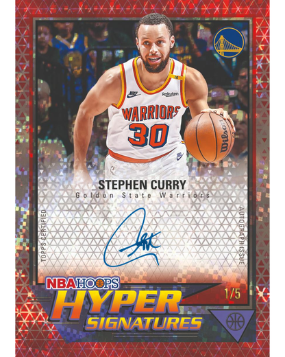 A Topps Certified Stephen Curry Golden State Warriors trading card, featuring a photo of Curry in his white #30 Warriors jersey holding a basketball, with a blue autograph and 'NBAHOOS Hyper Signatures' branding.