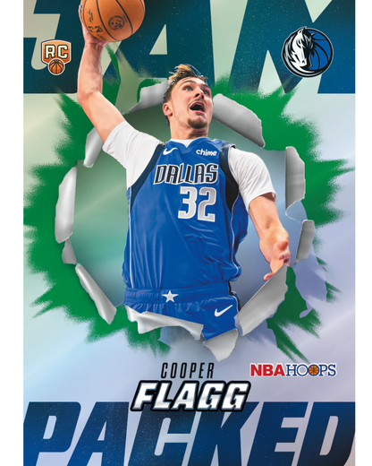 NBA Hoops Cooper Flagg trading card featuring a basketball player in a blue Dallas Mavericks jersey breaking through a torn paper effect, with 'PACKED' text and team logos.