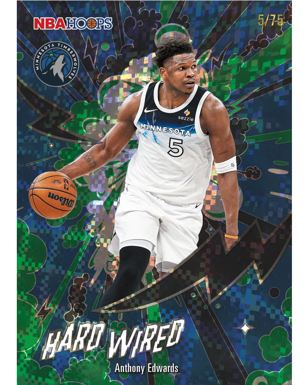 A collectible 2024 NBA Hoops trading card featuring basketball player Anthony Edwards of the Minnesota Timberwolves. The card is numbered 5/75 and has a vibrant green, blue, and black pixelated design with the text 'HARD WIRED' at the bottom.
