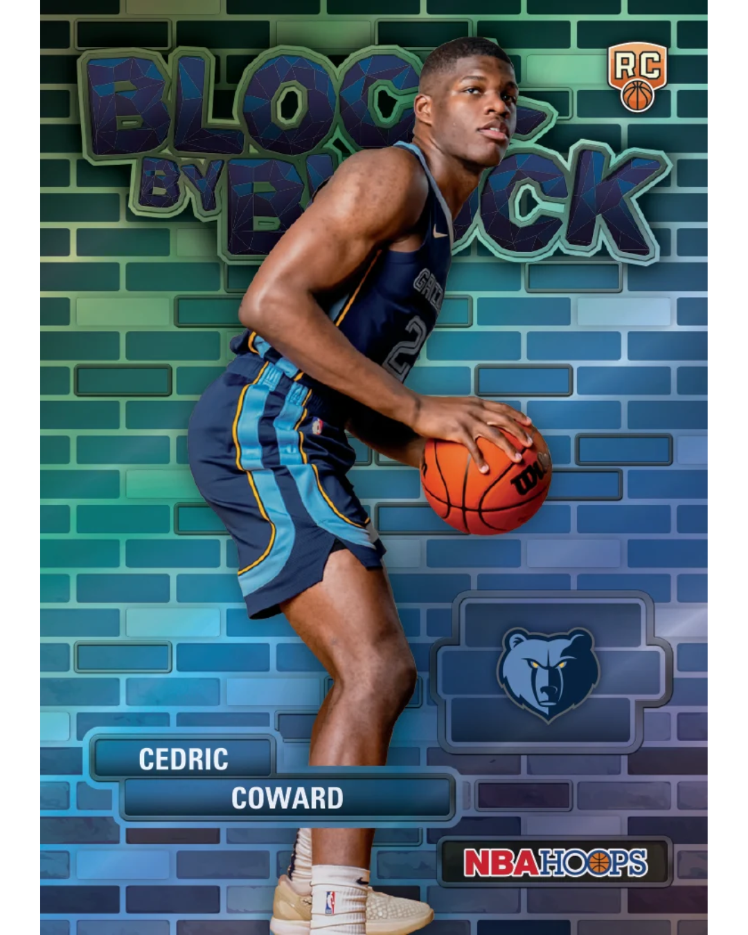 A basketball trading card featuring player Cedric Coward in a Memphis Grizzlies uniform, holding a basketball against a blue brick wall background with the text 'BLOCK BY BLACK' and 'CEDRIC COWARD'.