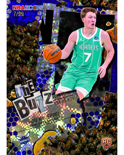 A collectible basketball trading card featuring Charlotte Hornets player Kon Knueppel in a green jersey, holding a basketball. The card has a highly reflective, multicolored holographic foil background with bee graphics and 'The Buzz' text.