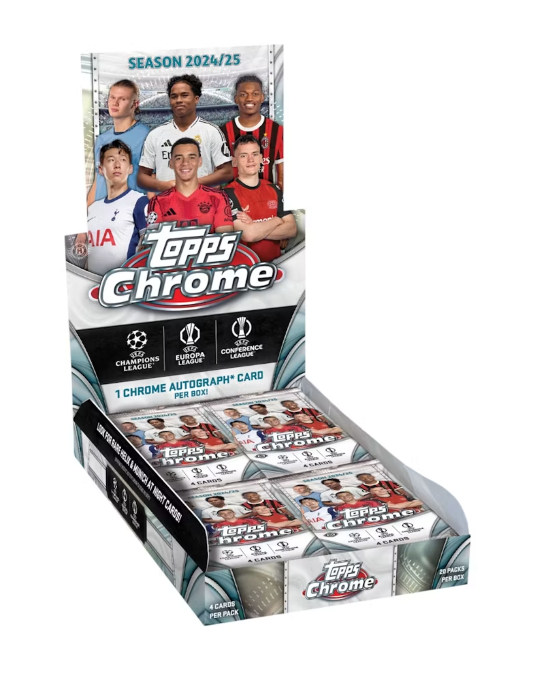 Topps Chrome soccer trading card display box filled with individual card packs, featuring player photos and event logos on a white background.