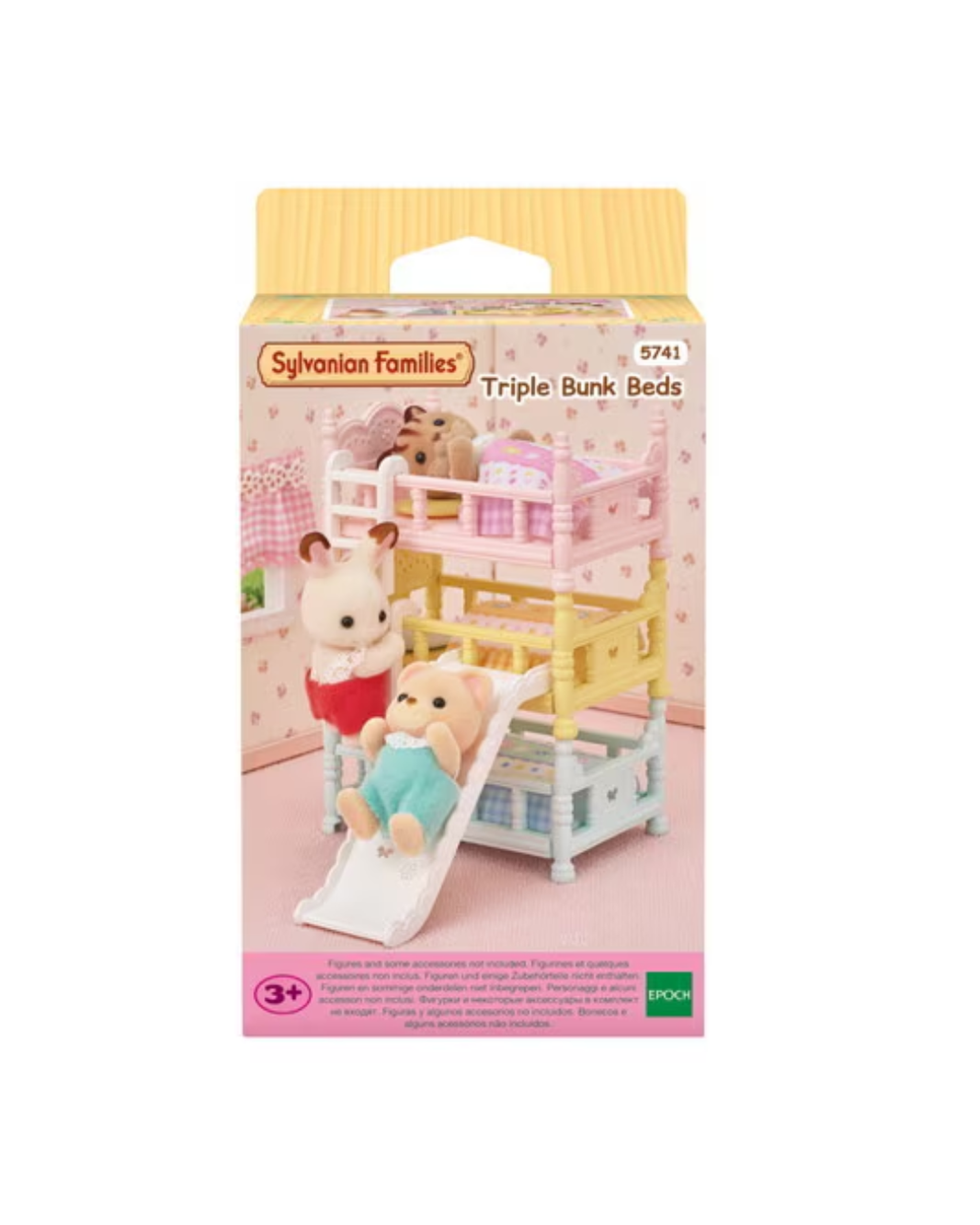 Sylvanian Families Triple Bunk Beds toy set in its original retail packaging, featuring a pastel-colored wooden bunk bed with a slide and animal figures.