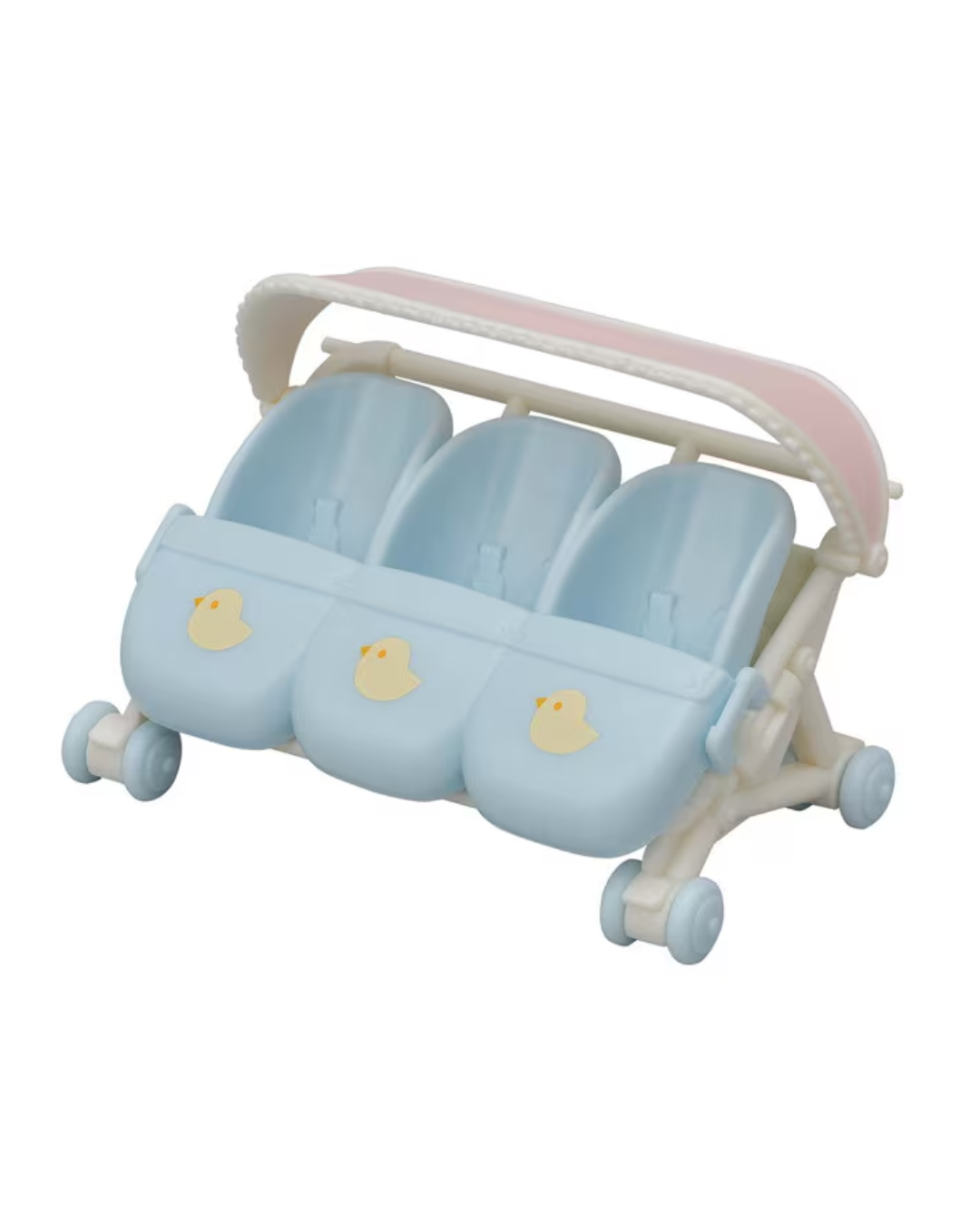 A light blue and cream Sylvanian Families baby stroller toy with three seats, a pink canopy, and small yellow duck graphics on the front panels, shown on a plain white background.