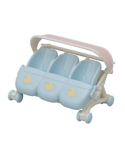 A light blue and cream Sylvanian Families baby stroller toy with three seats, a pink canopy, and small yellow duck graphics on the front panels, shown on a plain white background.