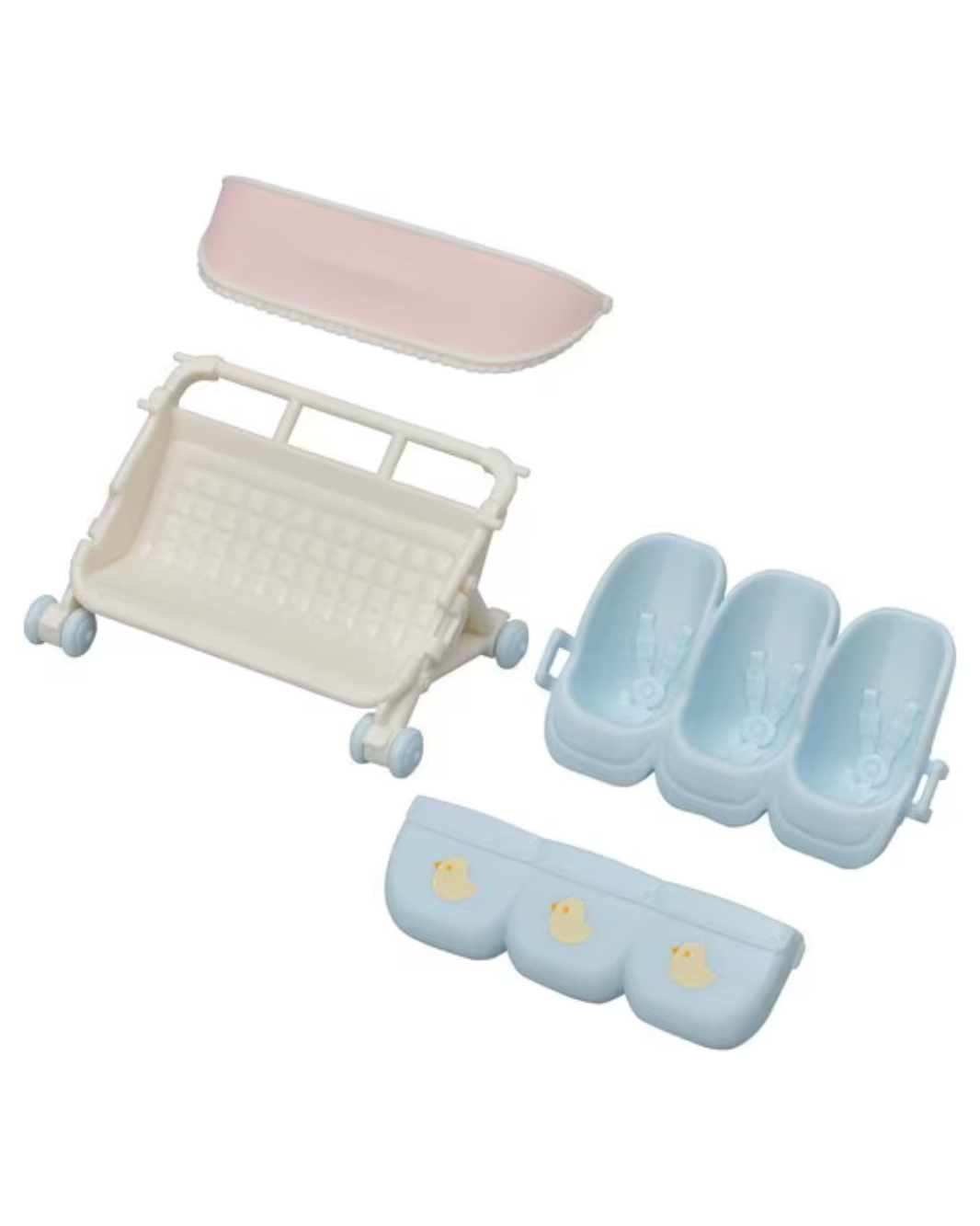 A sylvanian families playset featuring a small white stroller with blue wheels, a pink canopy cover, three light blue bath tubs, and a matching light blue changing tray with yellow duck details, all arranged on a plain white background.
