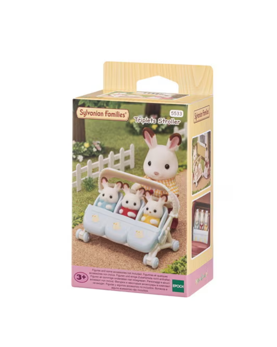 Sylvanian Families Triplets Stroller toy set in its original retail packaging, featuring a light blue stroller with three small rabbit figures and a white rabbit peeking out, shown on a clean white background.