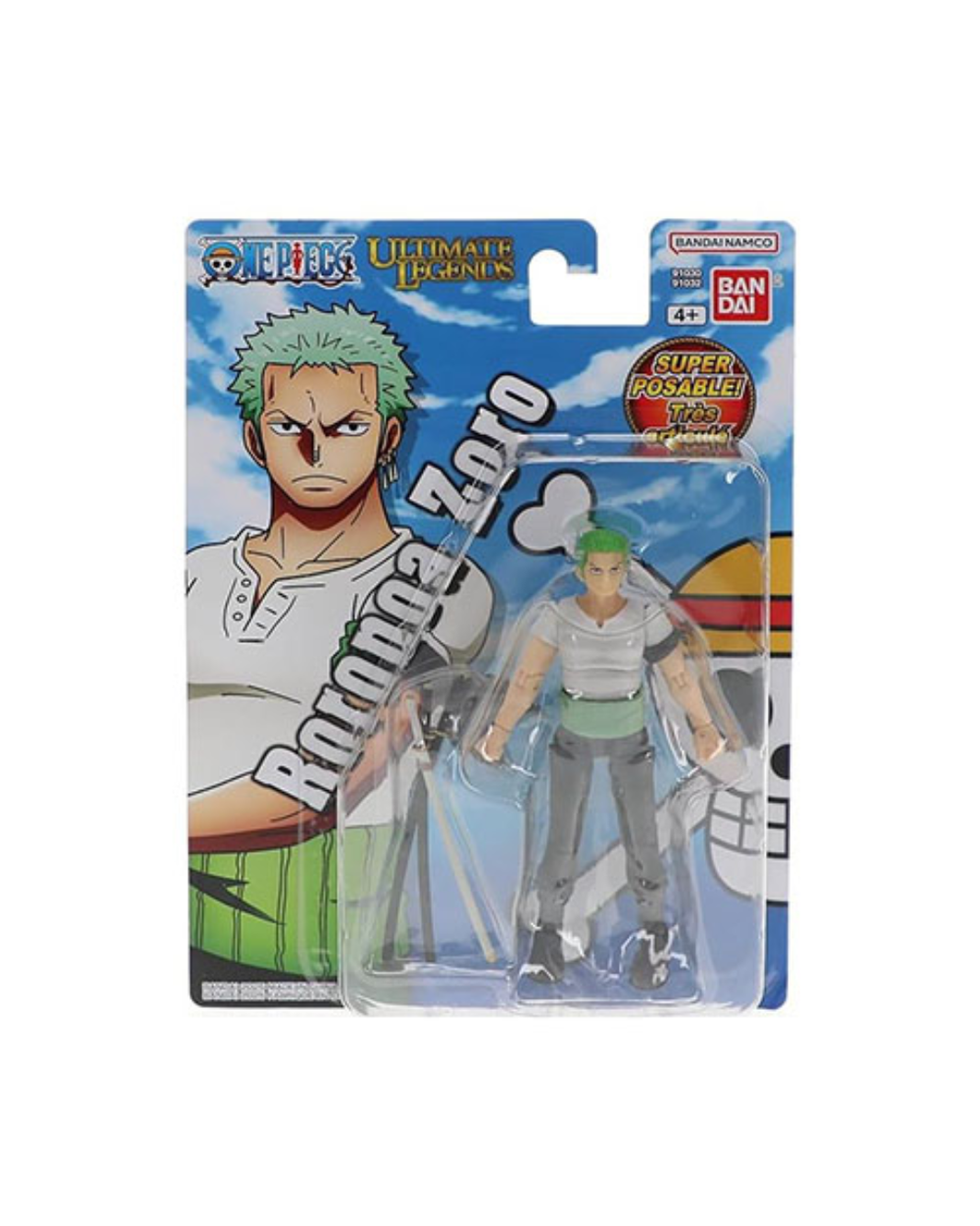 BANDAI Ultimate legends One Piece Zoro action figure in its original blister card packaging, featuring the character Roronoa Zoro from One Piece.