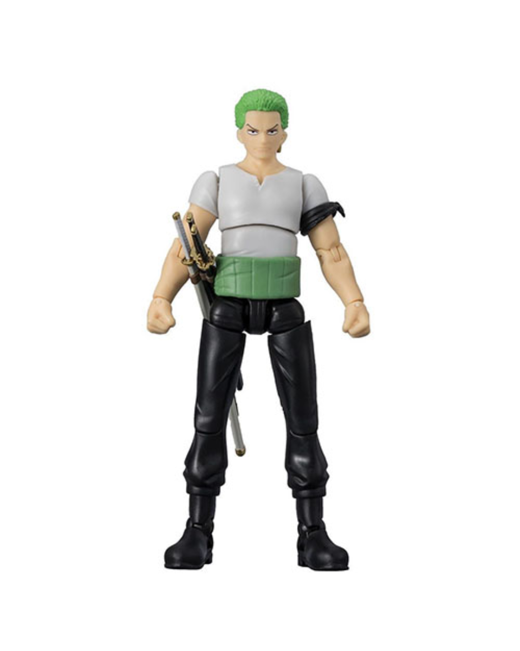A small anime action figure of Roronoa Zoro from One Piece, standing on a plain white background. The figure has green hair, a gray top, a green waist, and black pants and boots, with swords on his back.