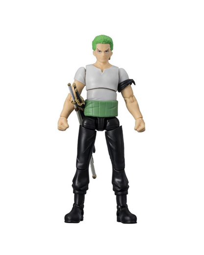 A small anime action figure of Roronoa Zoro from One Piece, standing on a plain white background. The figure has green hair, a gray top, a green waist, and black pants and boots, with swords on his back.