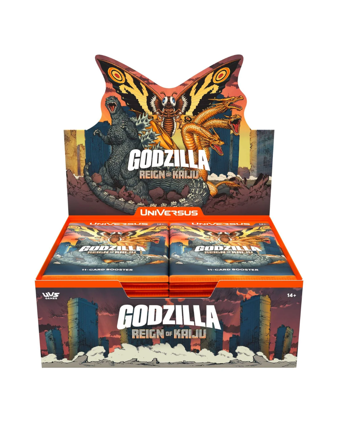 Godzilla Reign of Kaiju Universus card box display stand showing two individual card packs inside, with a large illustrated monster backdrop on a plain white background.