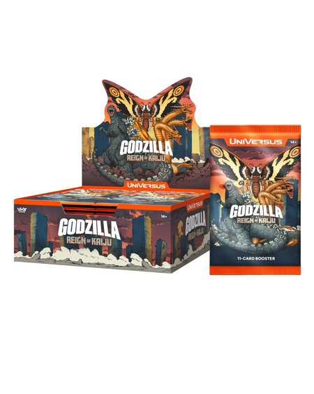 Godzilla Reigen + Kailu Universus trading card booster box and a single booster pack displayed on a plain white background.