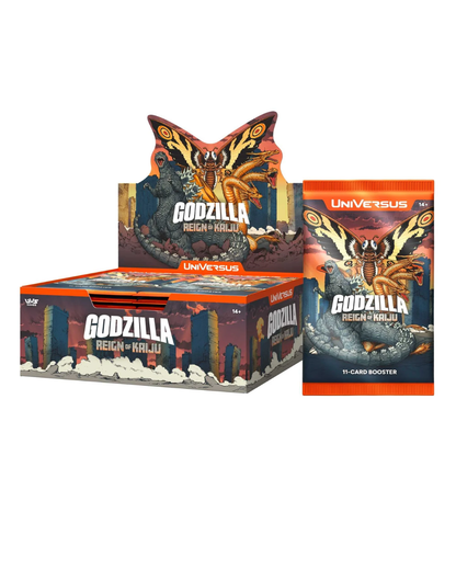 Godzilla Reigen + Katakuri Universus trading card set display box with a matching retail booster pack on a plain white background.