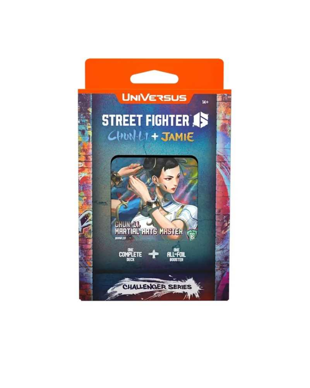 A Universus card game deck product on a plain white background. The package is Universus Street Fighter 4: Chun-Li Martial Arts Master, with an orange top hanger tab, dark blue front panel, colorful graffiti-style side panels, and character artwork of Chun-Li in the center window.