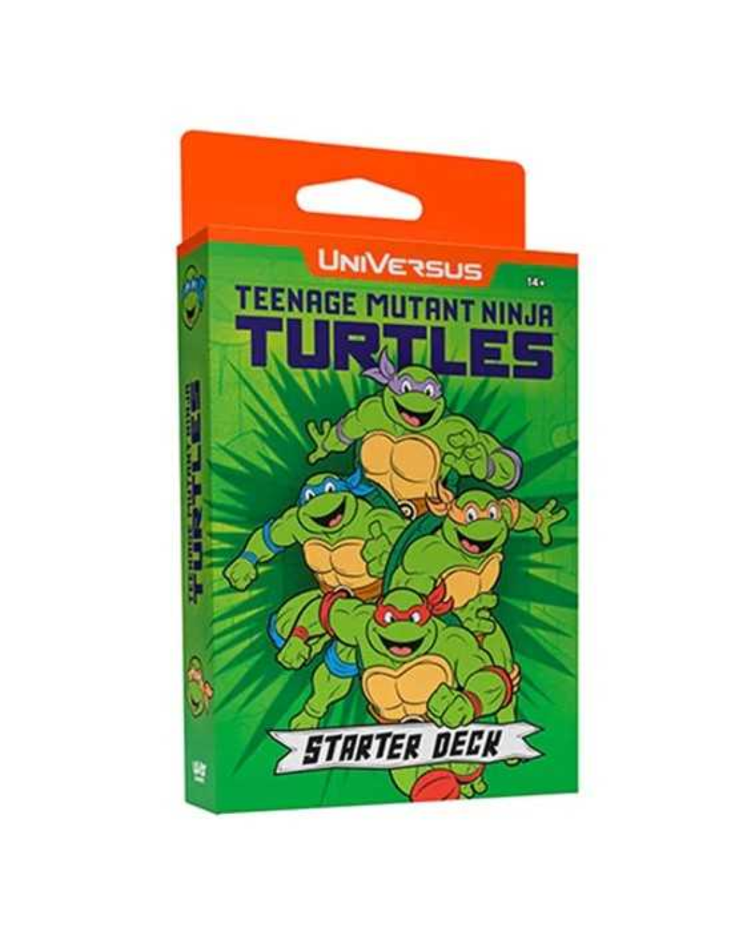 Teenage Mutant Ninja Turtles Starter Deck by Universus in a green and orange box with illustrations of the four turtles.