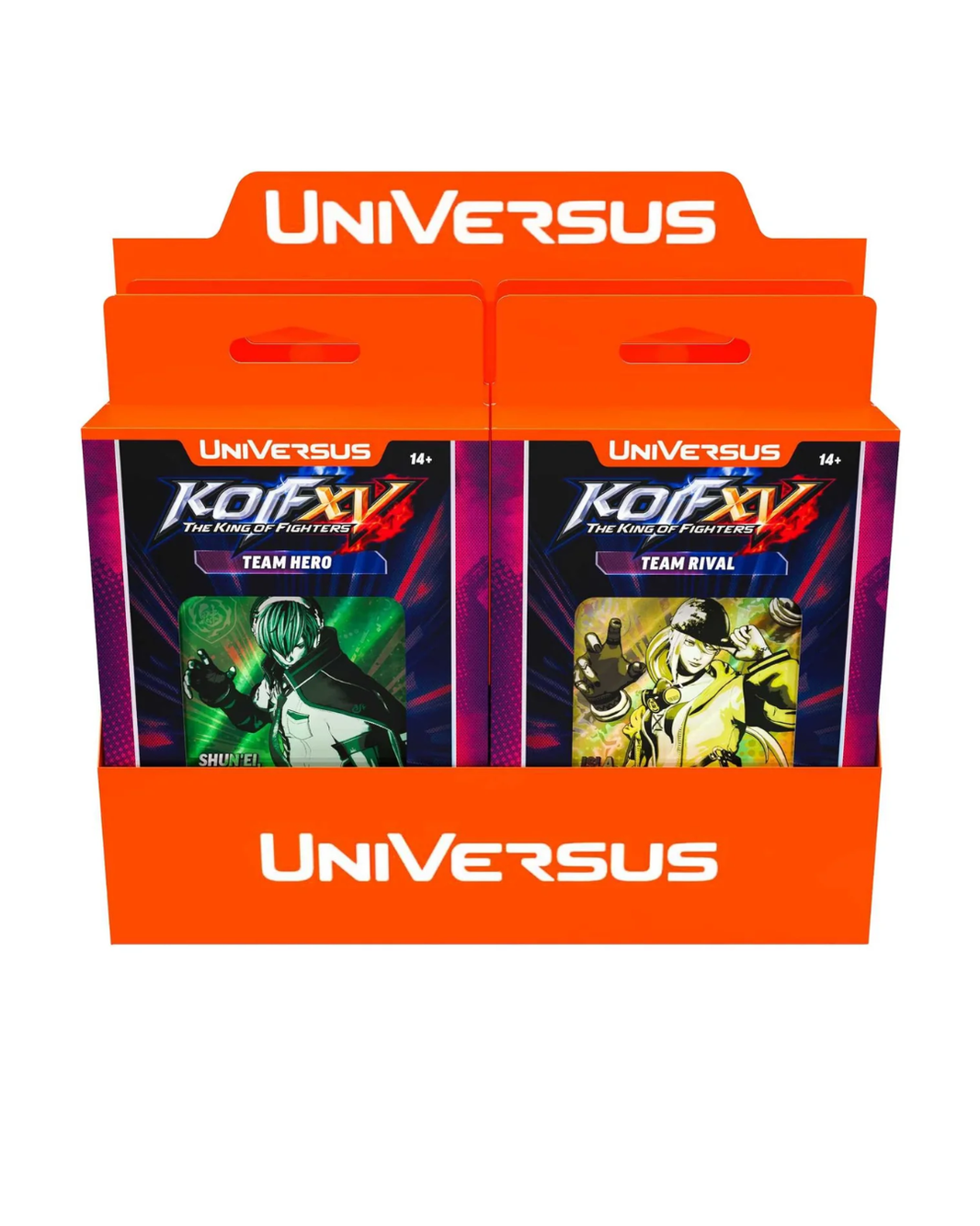 A retail display box for Universus  card packs, featuring two front-facing packs labeled Team Hero and Team Rival on a plain white background.