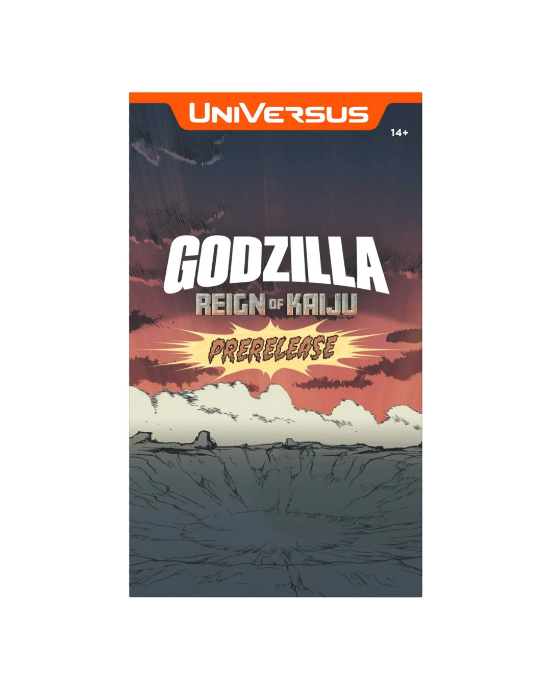 A prerelease cover for Universus Godzilla: Reign of Kalju Prerelease, featuring an illustrated dark stormy sky, white clouds, and a red-orange horizon on a white page background.