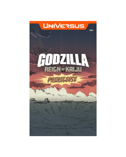 A prerelease cover for Universus Godzilla: Reign of Kalju Prerelease, featuring an illustrated dark stormy sky, white clouds, and a red-orange horizon on a white page background.