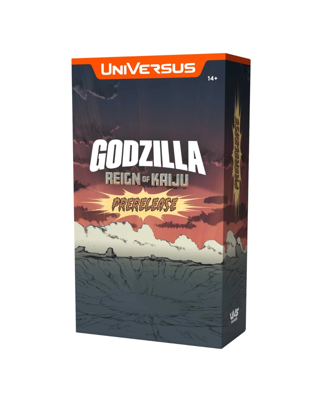 Godzilla: Reign of Kaliju Prerelease Universus card game box, featuring a dark illustrated cover with an orange Universus banner and Godzilla title in white.