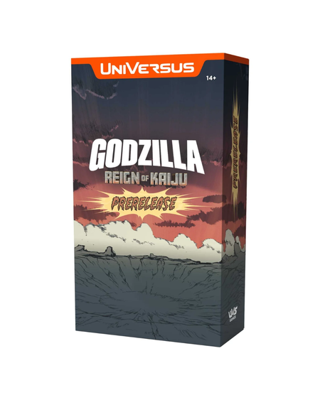 Godzilla: Reign of Kaliju Prerelease Universus card game box, featuring a dark illustrated cover with an orange Universus banner and Godzilla title in white.